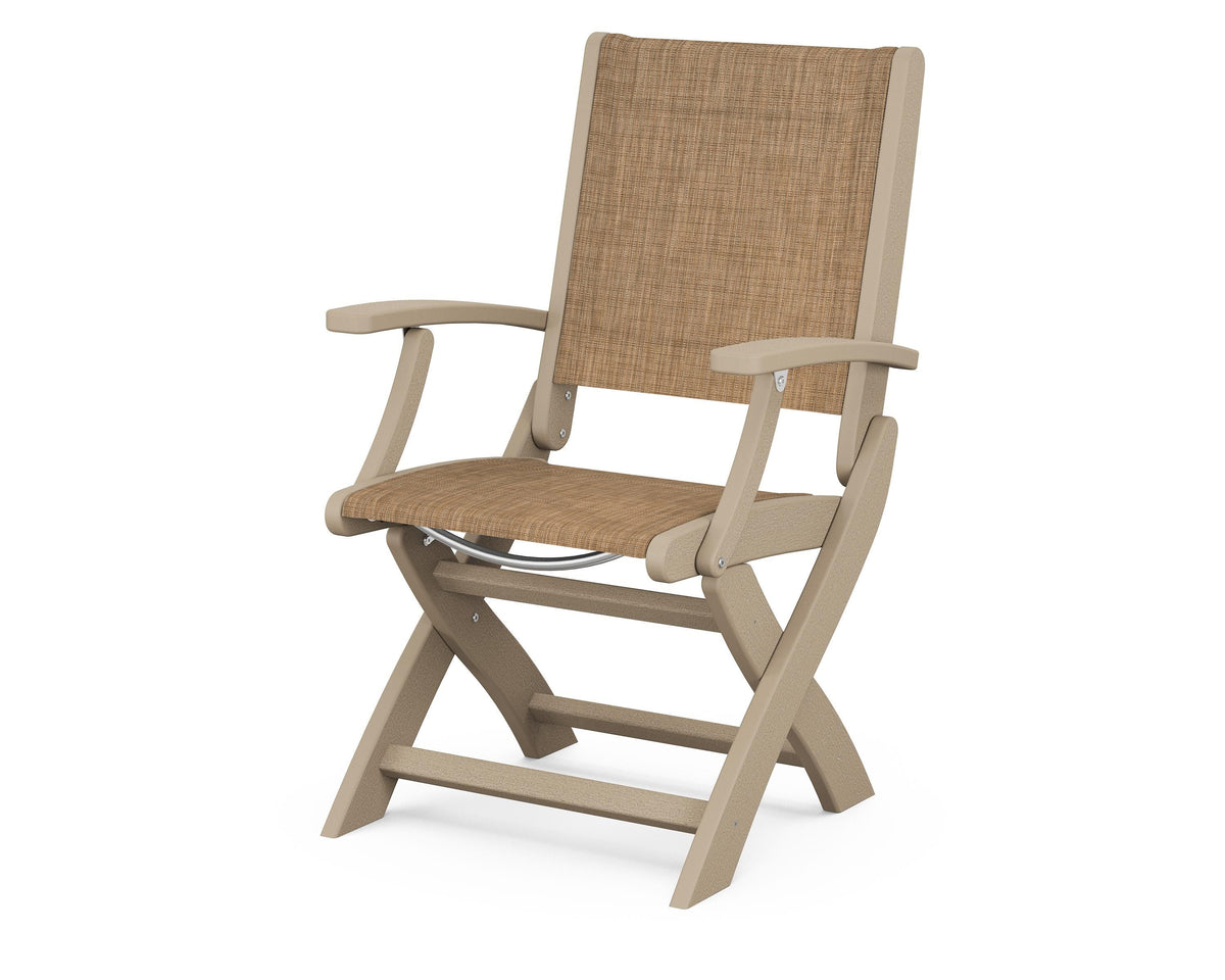 POLYWOOD Coastal Folding Chair in Vintage Sahara with Vintage Sahara arms and Burlap sling