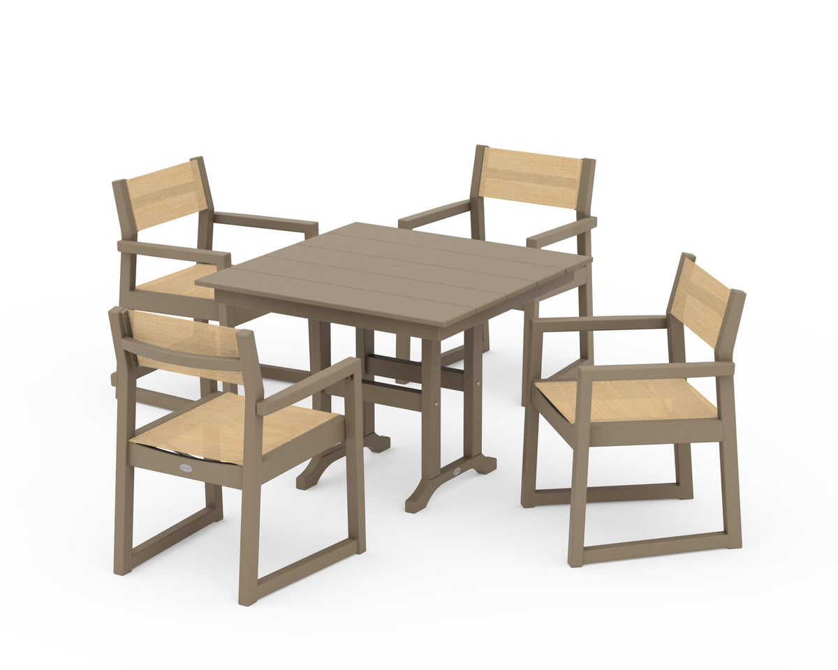 POLYWOOD EDGE Sling Arm Chair 5-Piece Farmhouse Dining Set in Vintage Sahara / Dupioni Apricot