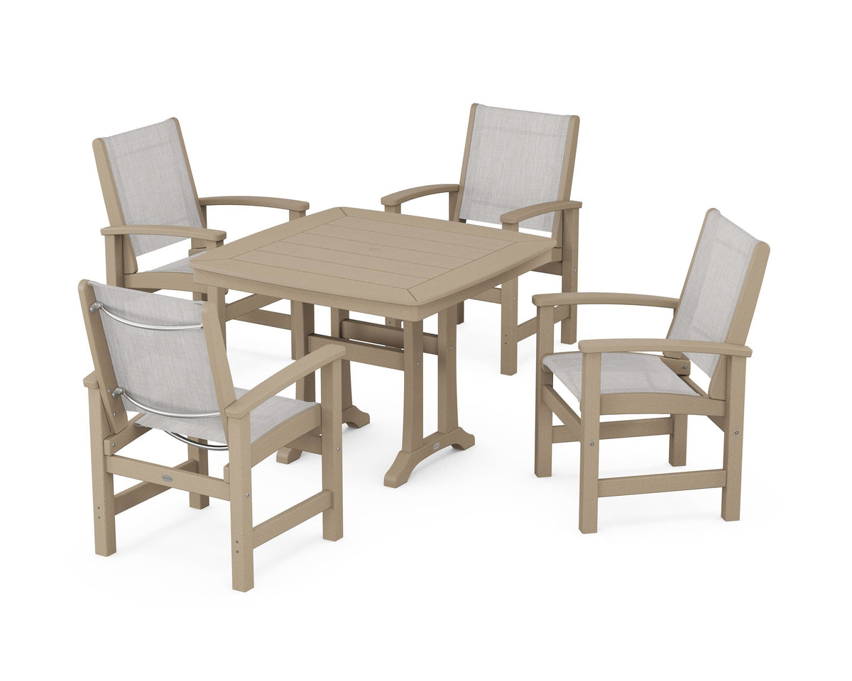 POLYWOOD Coastal 5-Piece Dining Set with Trestle Legs with Nautical Trestle 37" Dining Table in Vintage Sahara / Parchment