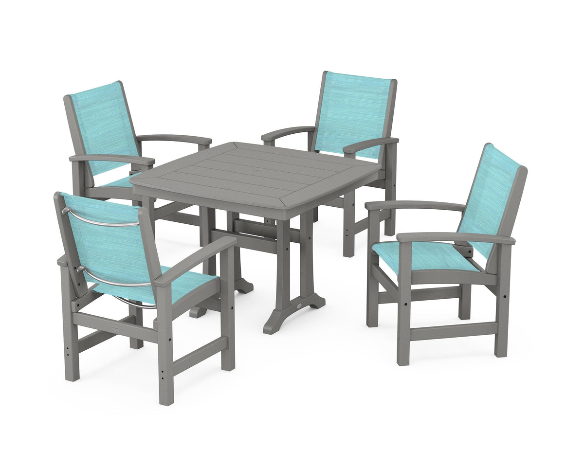 POLYWOOD Coastal 5-Piece Dining Set with Trestle Legs with Nautical Trestle 37" Dining Table in Slate Grey / Dupioni Aquamarine