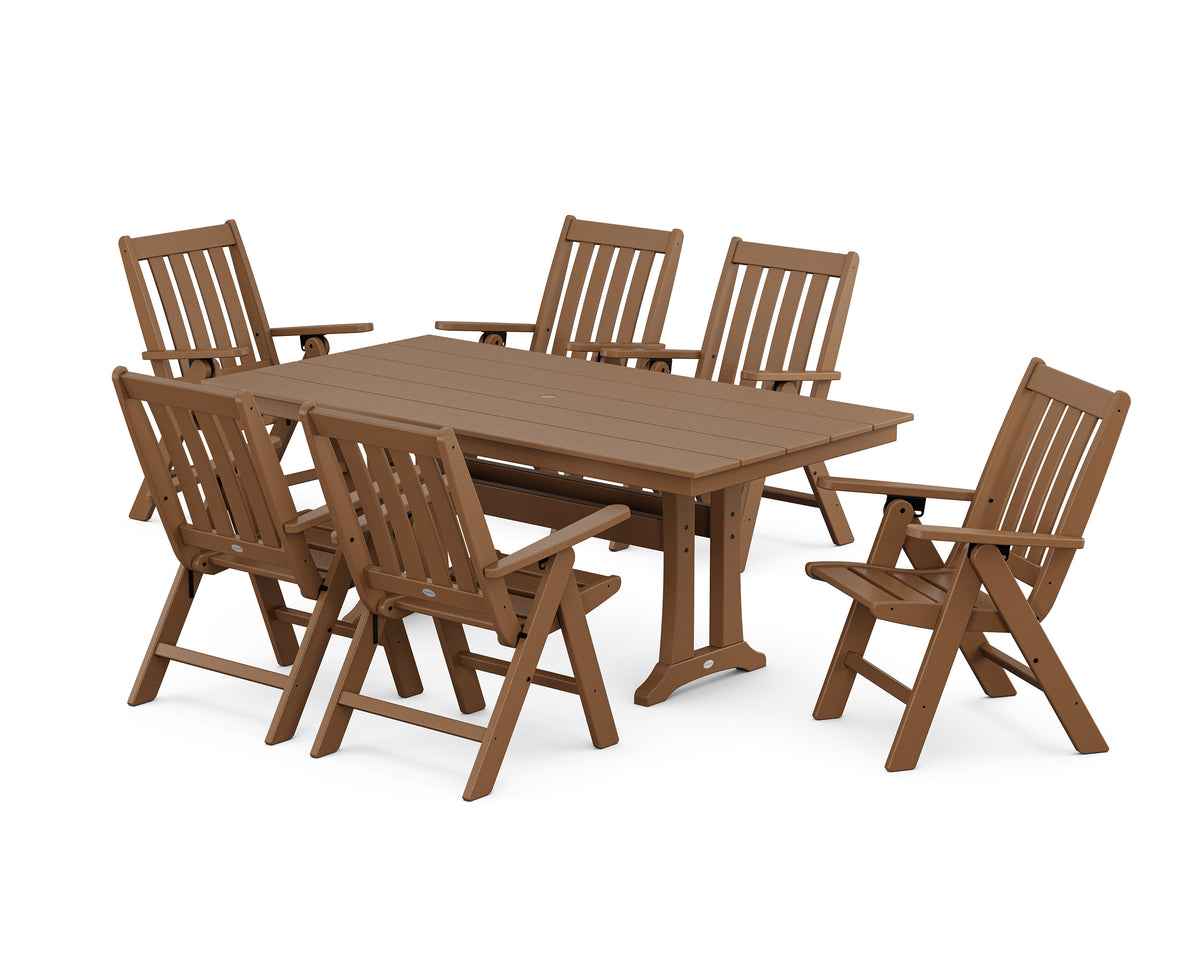 POLYWOOD Vineyard Folding Chair 7-Piece Farmhouse Dining Set with Trestle Legs in Teak