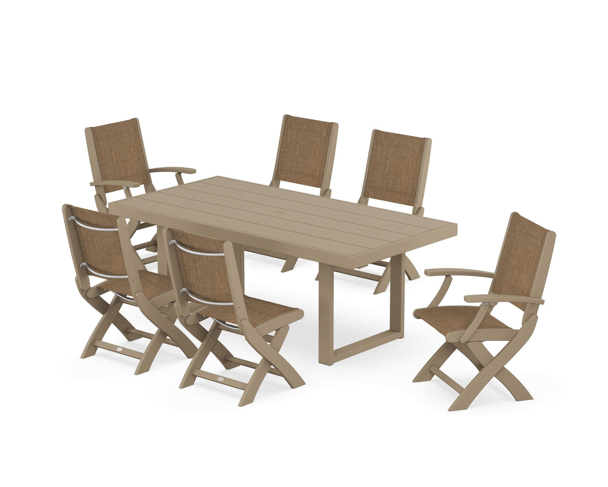 POLYWOOD Coastal Folding Chair 7-Piece Dining Set with Trestle Legs with EDGE 40" x 78" Dining Table in Vintage Sahara / Burlap