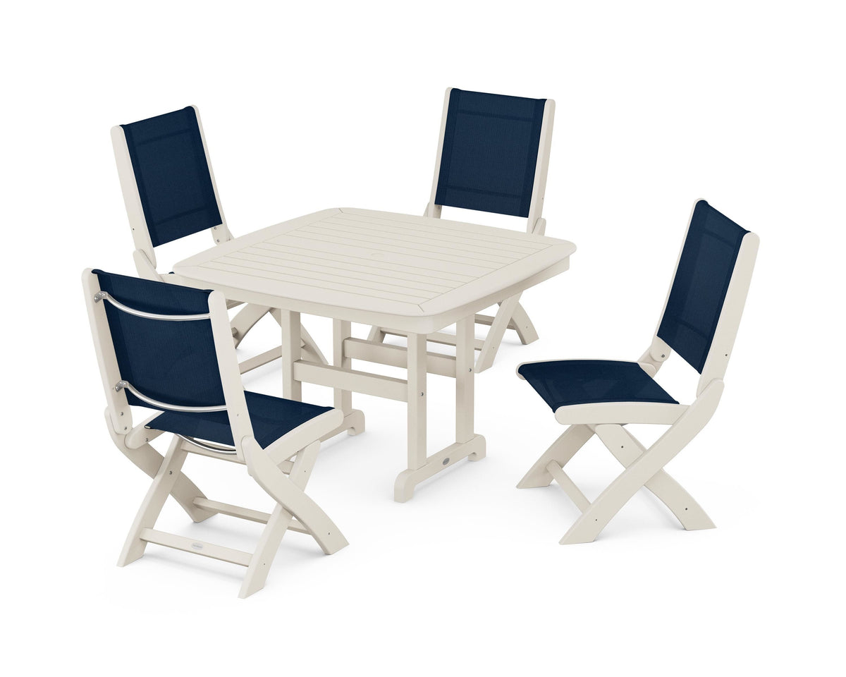 POLYWOOD Coastal Folding Side Chair 5-Piece Dining Set with Nautical 44" Dining Table in Sand / Navy Blue
