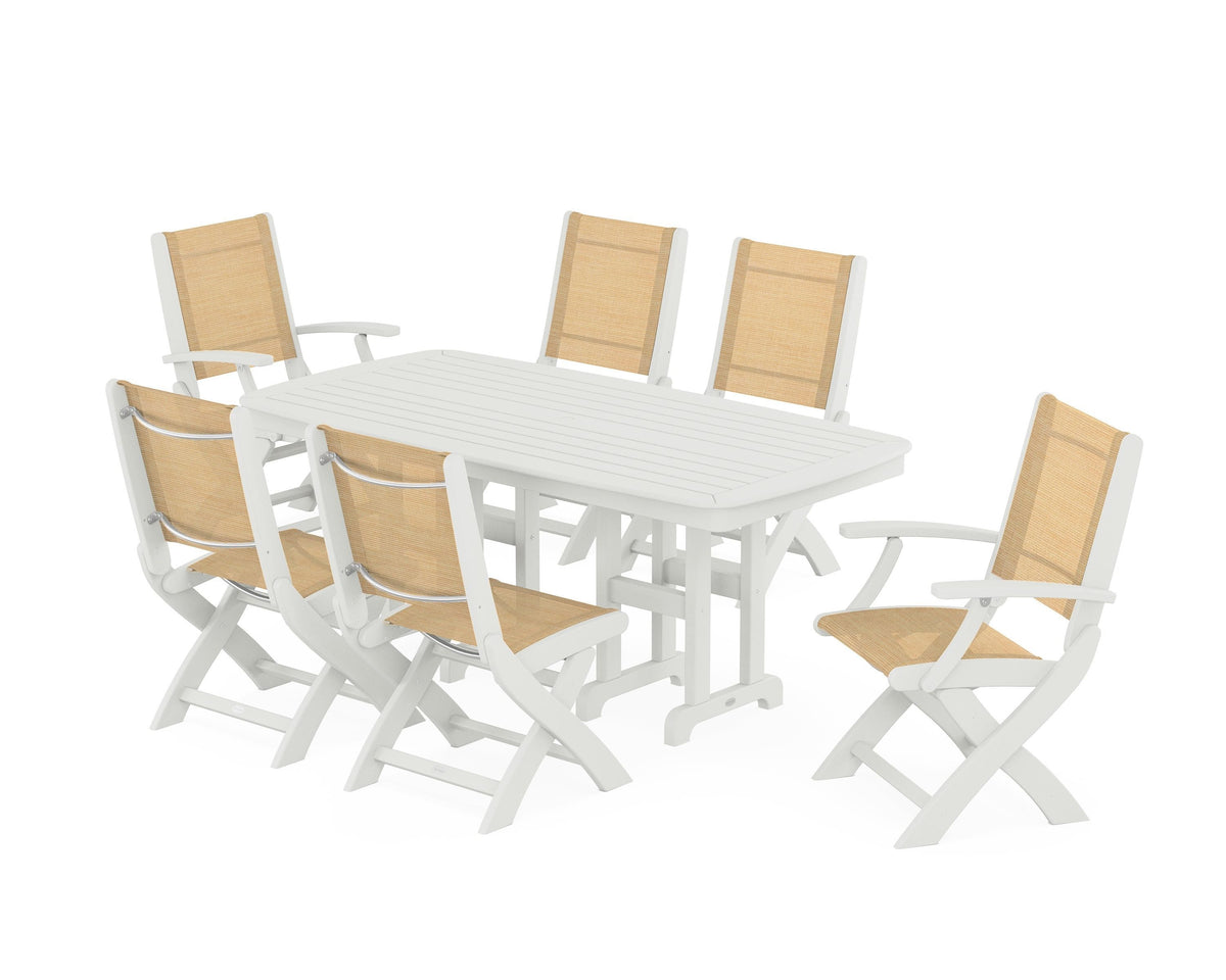 POLYWOOD Coastal Folding Chair 7-Piece Dining Set in Vintage White / Dupioni Apricot