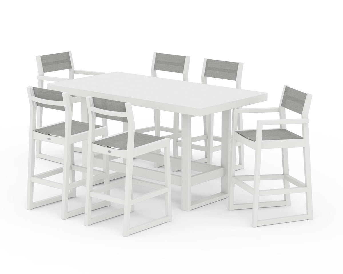POLYWOOD EDGE Sling 7-Piece Bar Table Set in White / Metallic