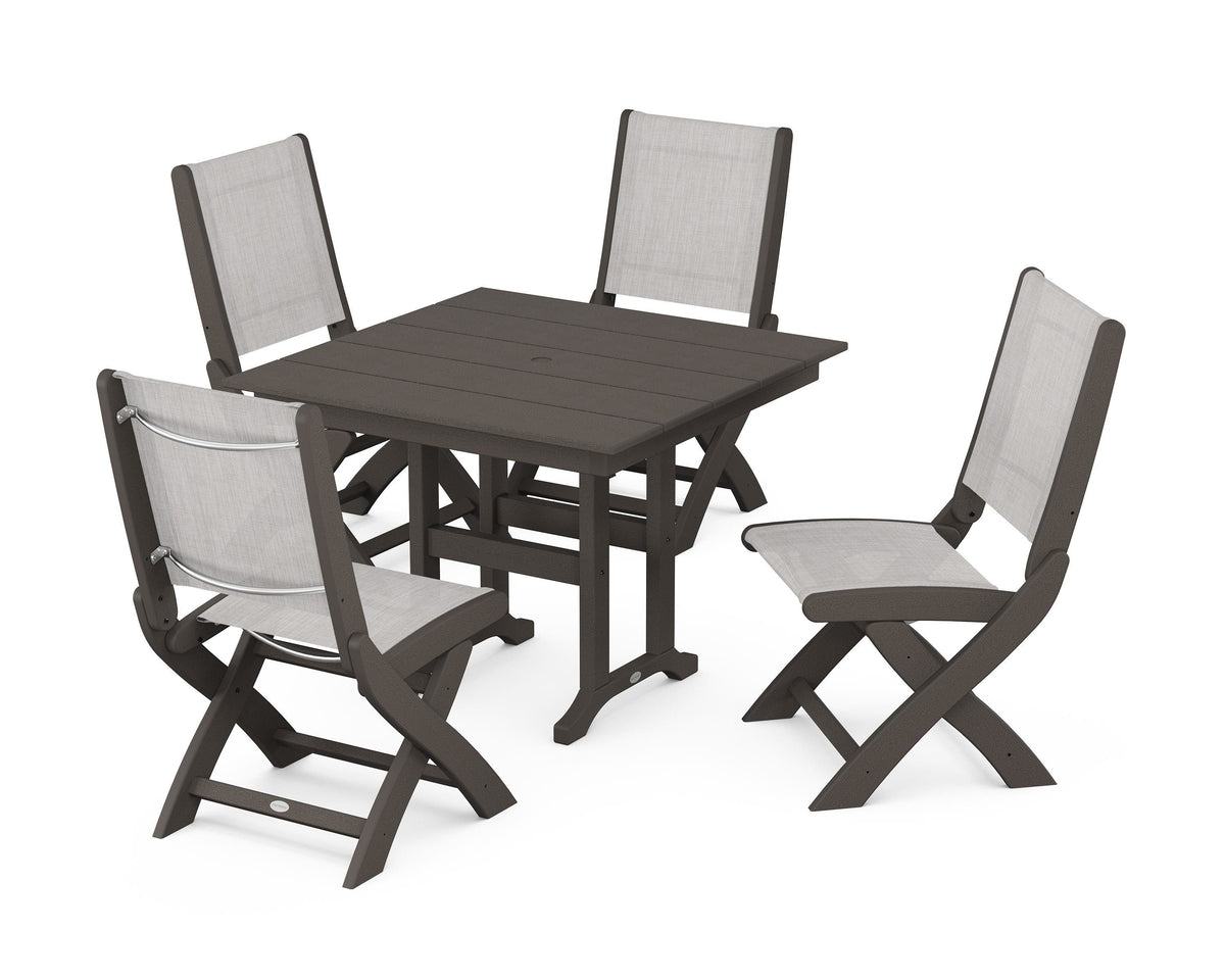 POLYWOOD Coastal Folding Side Chair 5-Piece Farmhouse Dining Set in Vintage Coffee / Parchment