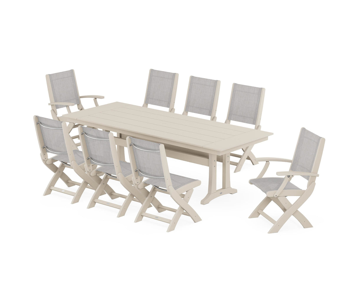 POLYWOOD Coastal 9-Piece Folding Dining Chair Farmhouse Dining Set with Trestle Legs in Sand / Parchment