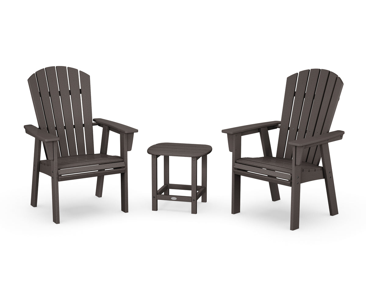 POLYWOOD Nautical 3-Piece Curveback Upright Adirondack Chair Set in Vintage Coffee