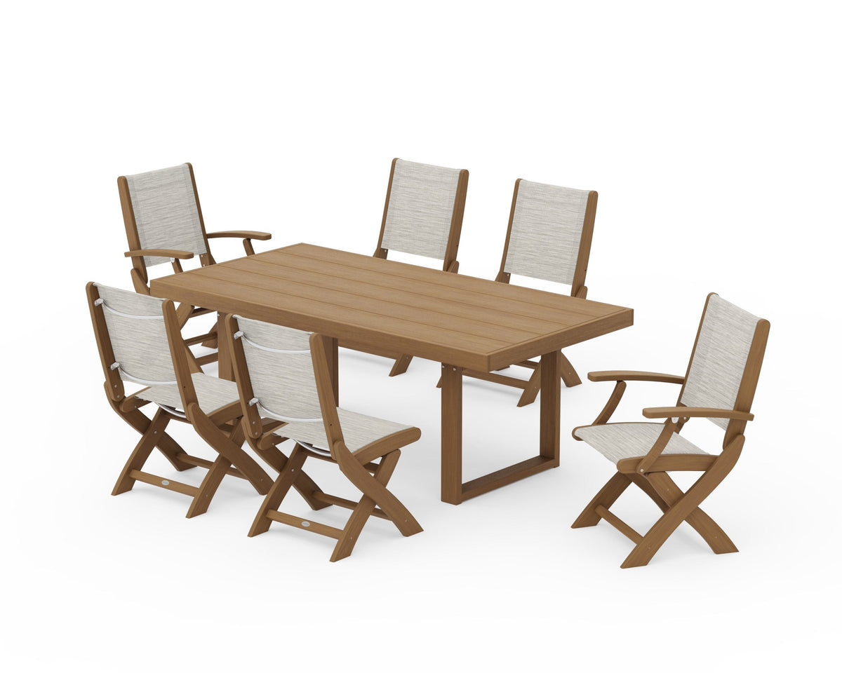 POLYWOOD Coastal Folding Chair 7-Piece Dining Set with Trestle Legs with EDGE 40" x 78" Dining Table in Natural / Birch