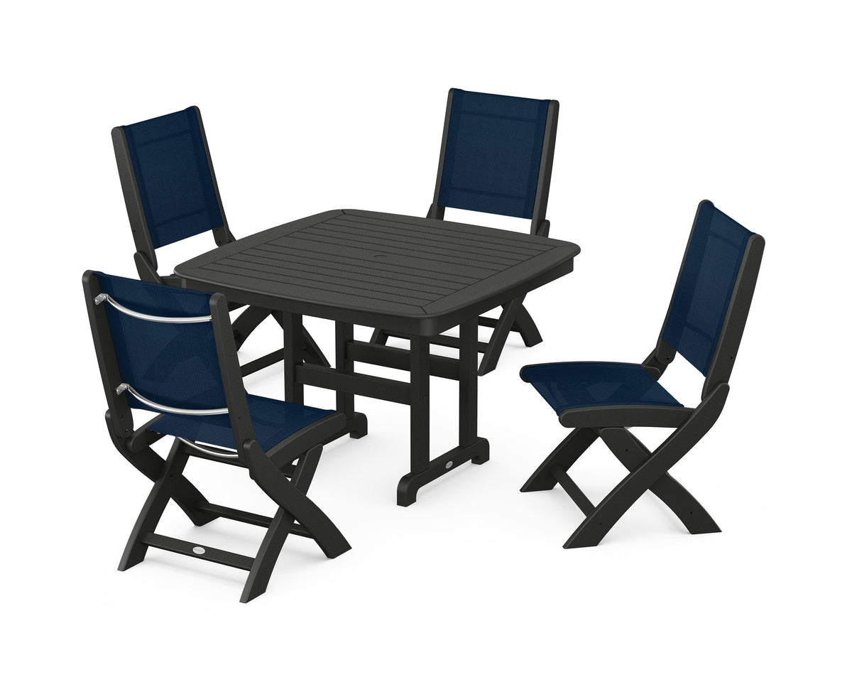 POLYWOOD Coastal Folding Side Chair 5-Piece Dining Set with Nautical 44" Dining Table in Black / Navy Blue