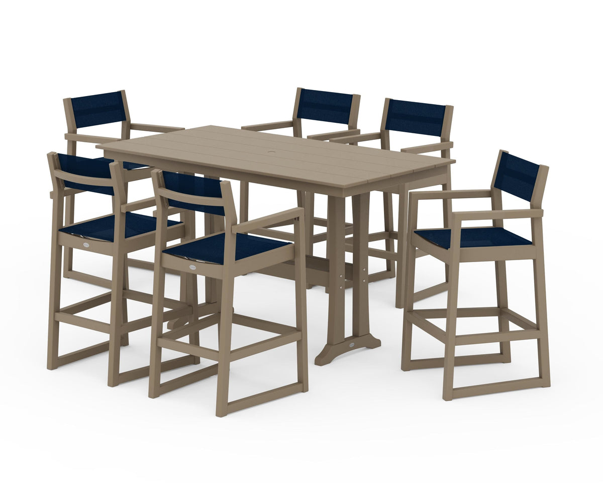 POLYWOOD EDGE Sling Arm Chair 7-Piece Farmhouse Bar Set with Trestle Legs in Vintage Sahara / Navy Blue