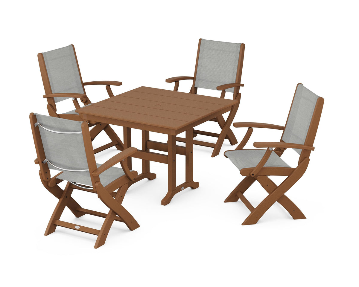 POLYWOOD Coastal Folding Chair 5-Piece Farmhouse Dining Set in Teak / Metallic