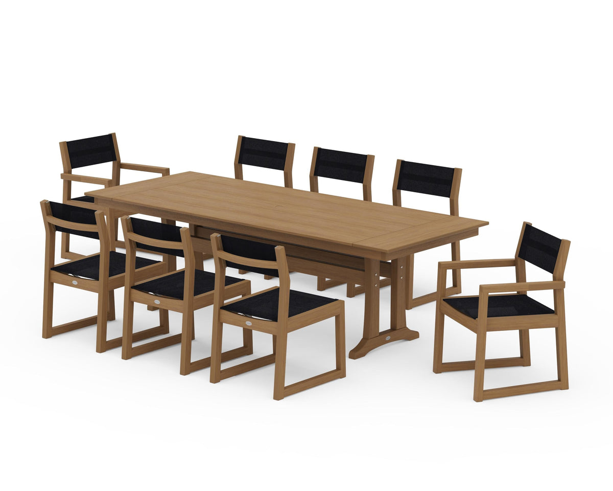 POLYWOOD EDGE Sling 9-Piece Farmhouse Trestle Dining Set in Natural / Black