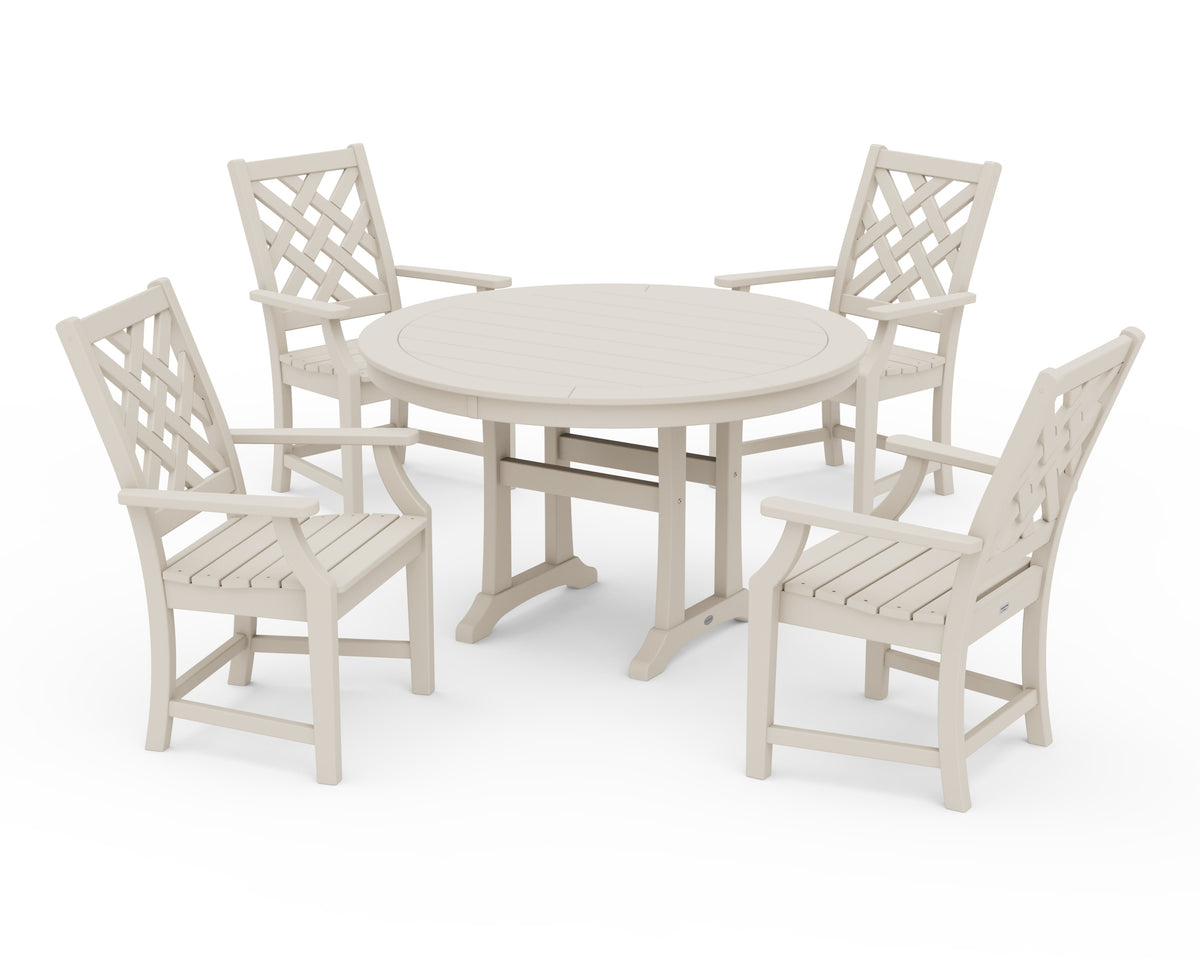 POLYWOOD Wovendale 5-Piece Round Dining Set with Trestle Legs in Sand