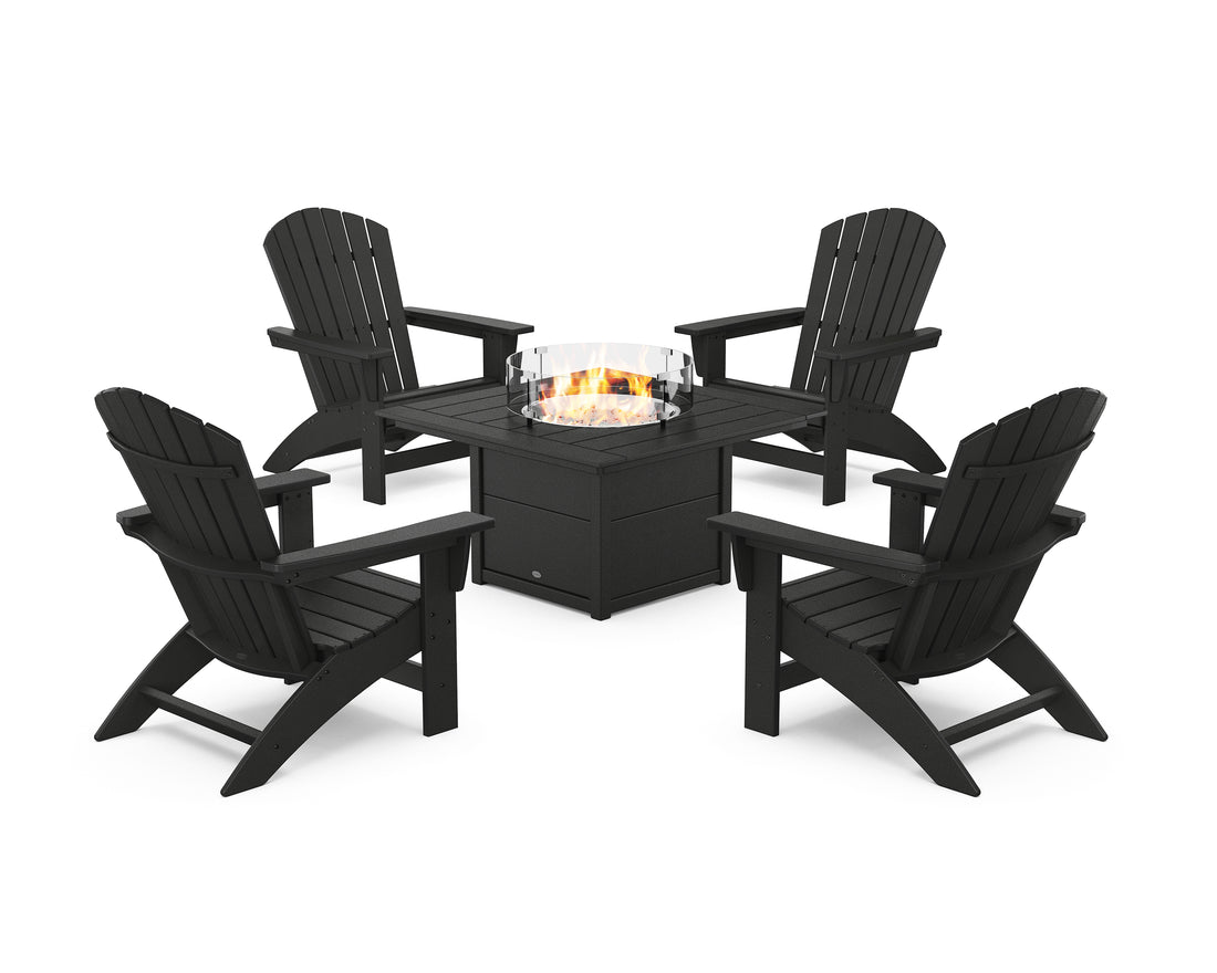 POLYWOOD 5-Piece Nautical Grand Adirondack Conversation Set with Fire Pit Table in Black