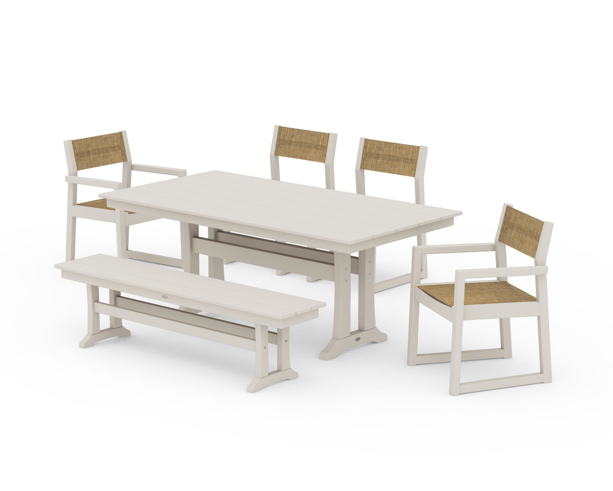 POLYWOOD EDGE Sling 6-Piece Farmhouse Dining Set With Trestle Legs in Sand / Burlap