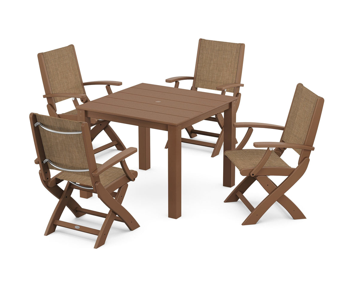 POLYWOOD Coastal Folding Chair 5-Piece Parsons Dining Set in Teak / Burlap