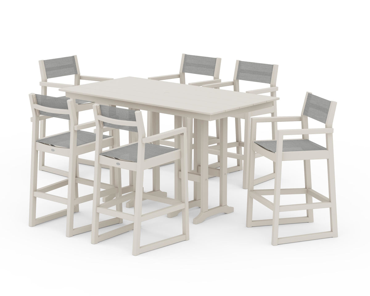 POLYWOOD EDGE Sling Arm Chair 7-Piece Farmhouse Bar Set in Sand / Metallic