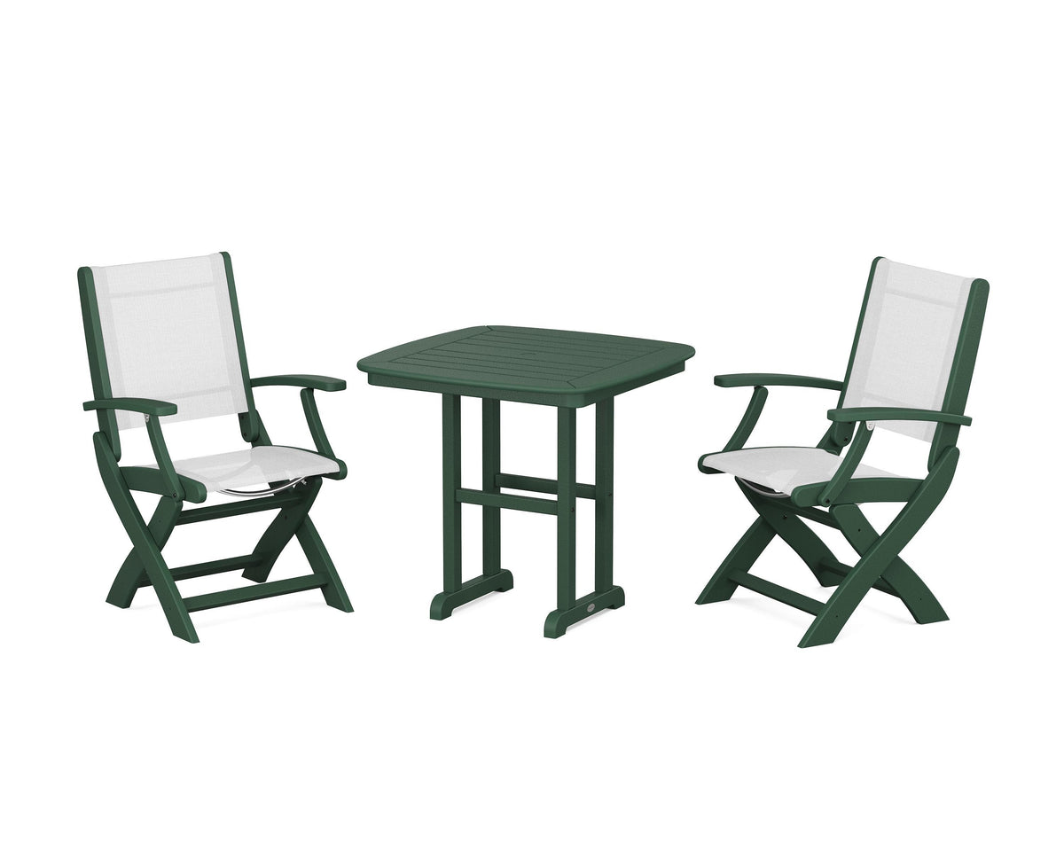 POLYWOOD Coastal Folding Chair 3-Piece Dining Set in Green / White