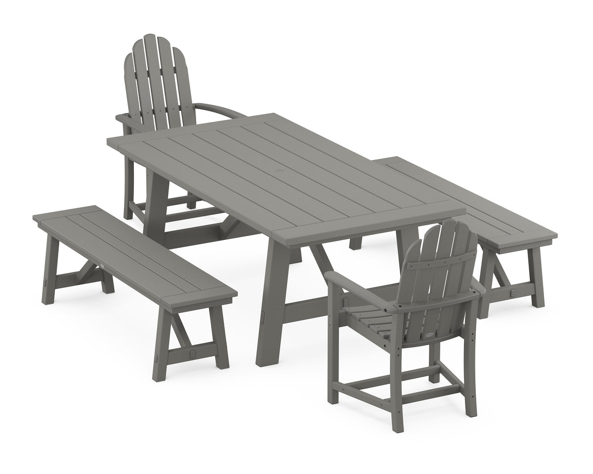 POLYWOOD Classic Adirondack 5-Piece Rustic Farmhouse Dining Set with Benches in Slate Grey