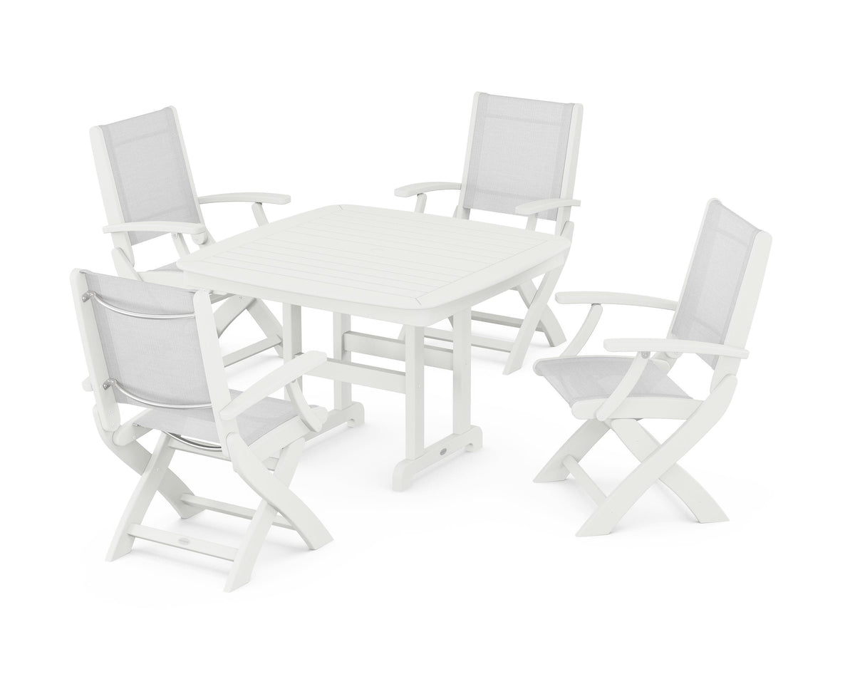 POLYWOOD Coastal Folding Chair 5-Piece Dining Set with Nautical 44" Dining Table in Vintage White / White
