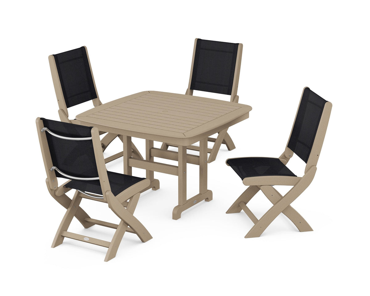 POLYWOOD Coastal Folding Side Chair 5-Piece Dining Set with Nautical 44" Dining Table in Vintage Sahara / Black