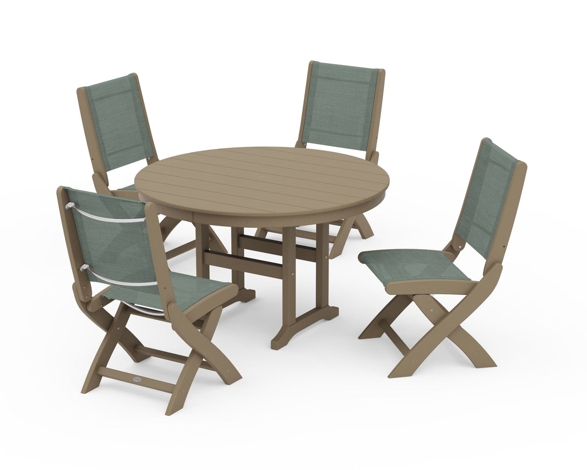 POLYWOOD Coastal Folding Side Chair 5-Piece Round Dining Set in Vintage Sahara / Dupioni Sea Mist