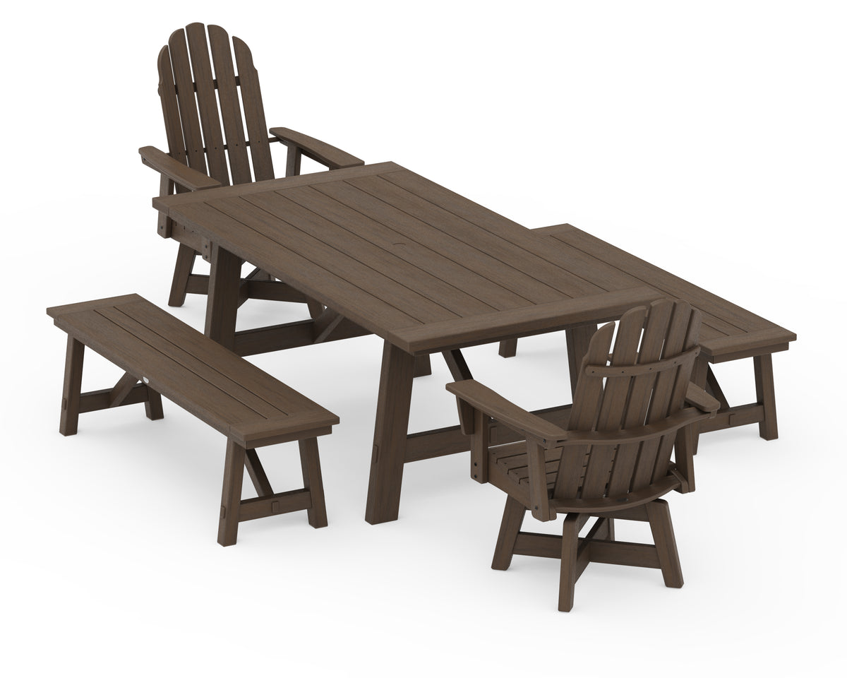 POLYWOOD Vineyard Curveback Adirondack Swivel Chair 5-Piece Rustic Farmhouse Dining Set with Benches in Kona