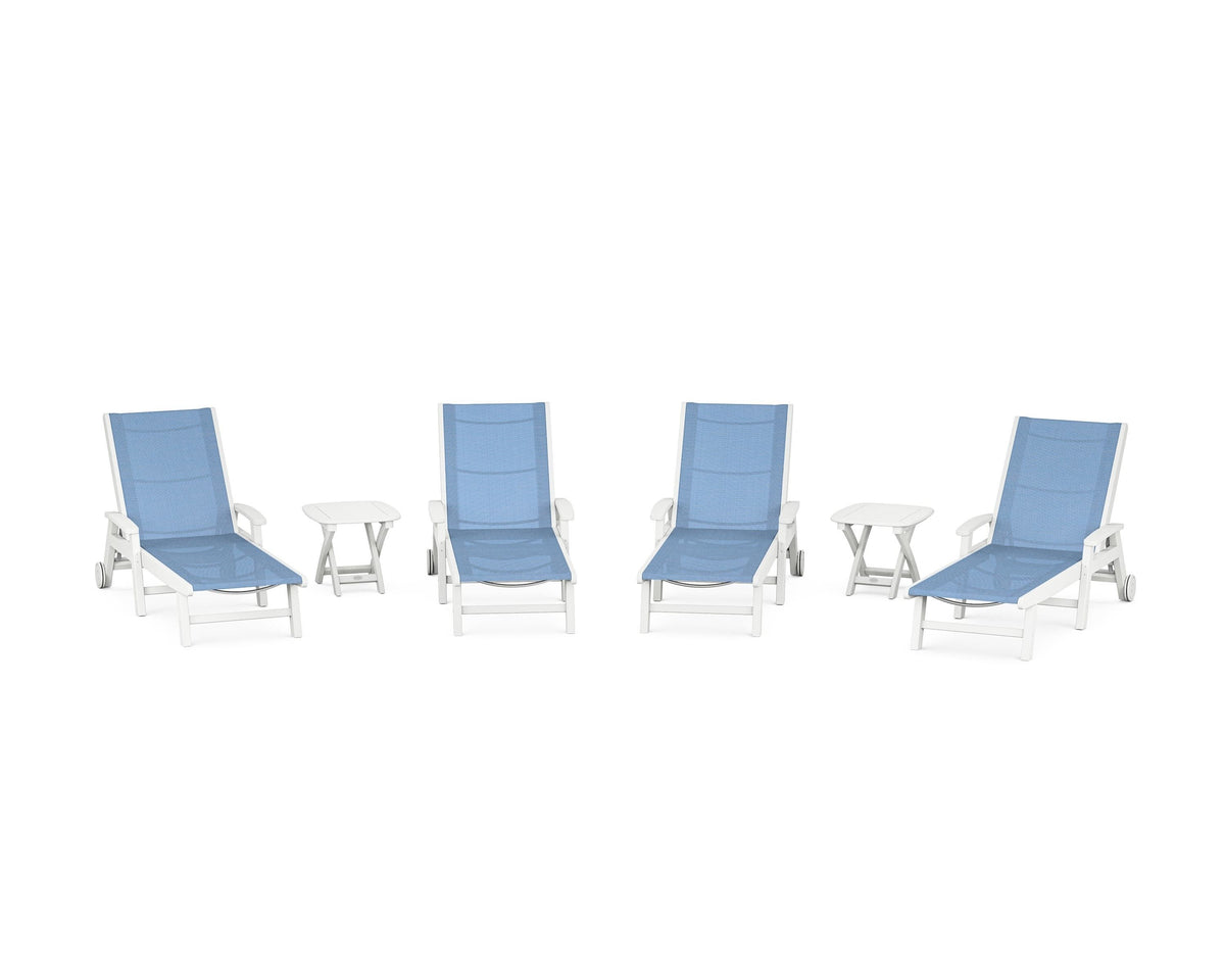 POLYWOOD Coastal Chaise 6-Piece Set with Wheels in White / Poolside