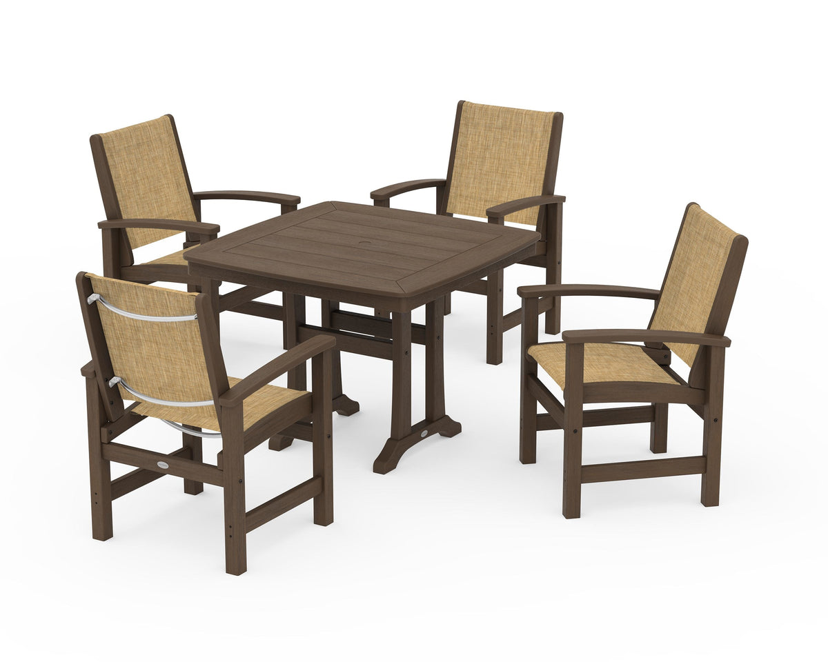 POLYWOOD Coastal 5-Piece Dining Set with Trestle Legs with Nautical Trestle 37" Dining Table in Kona / Burlap