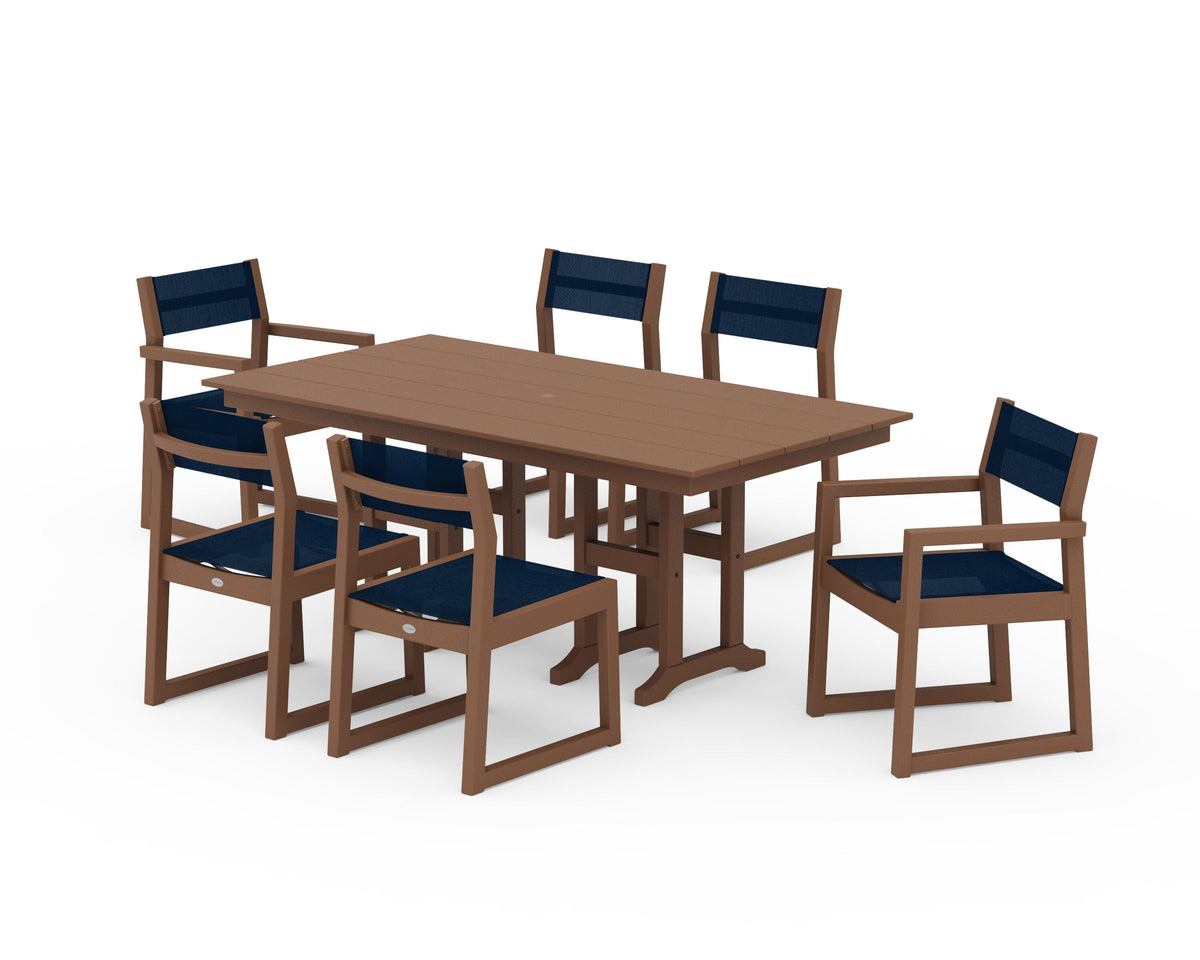 POLYWOOD EDGE Sling 7-Piece Farmhouse Dining Set in Teak / Navy Blue