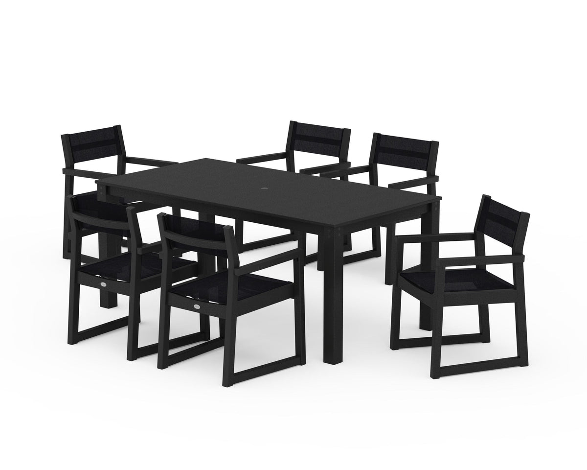 POLYWOOD EDGE Sling Arm Chair 7-Piece Parsons Dining Set in Black / Black