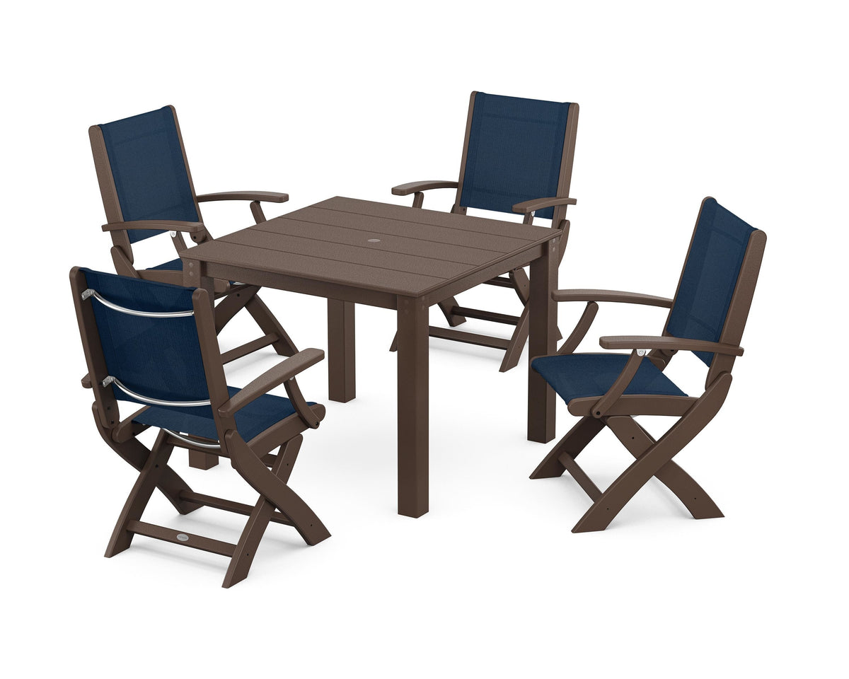POLYWOOD Coastal Folding Chair 5-Piece Parsons Dining Set in Mahogany / Navy Blue