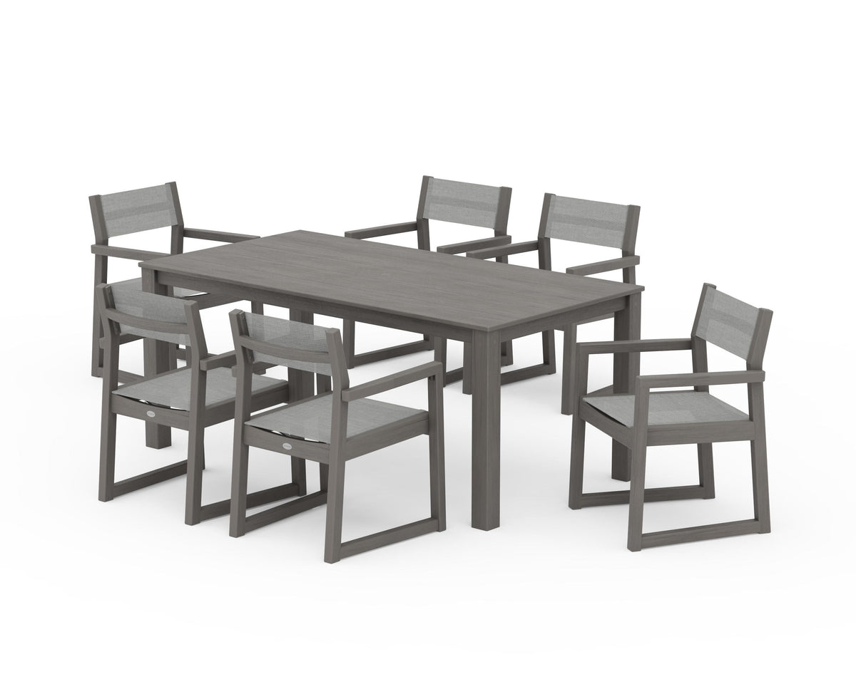 POLYWOOD EDGE Sling Arm Chair 7-Piece Parsons Dining Set in Driftwood / Metallic