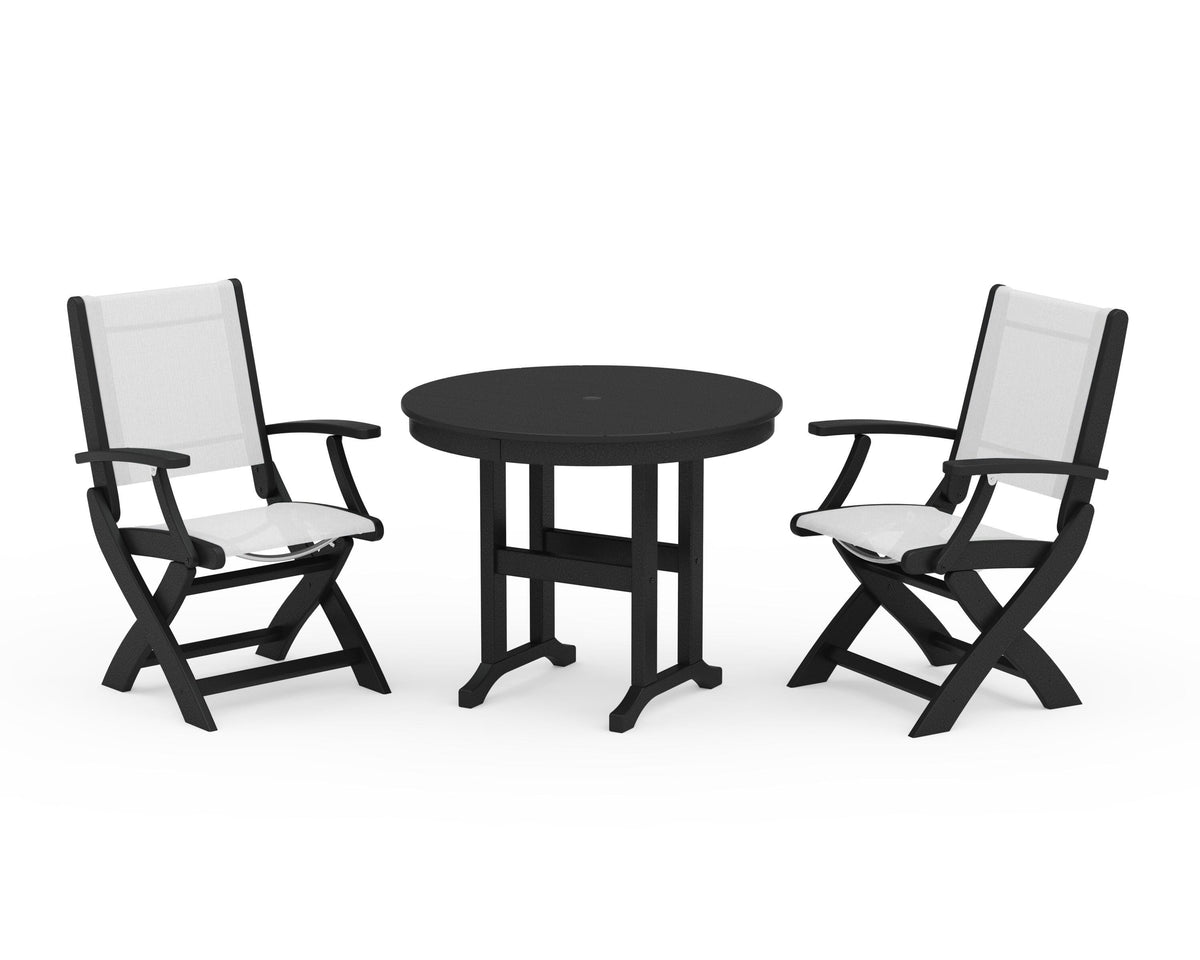 POLYWOOD Coastal Folding Chair 3-Piece Round Dining Set in Black / White