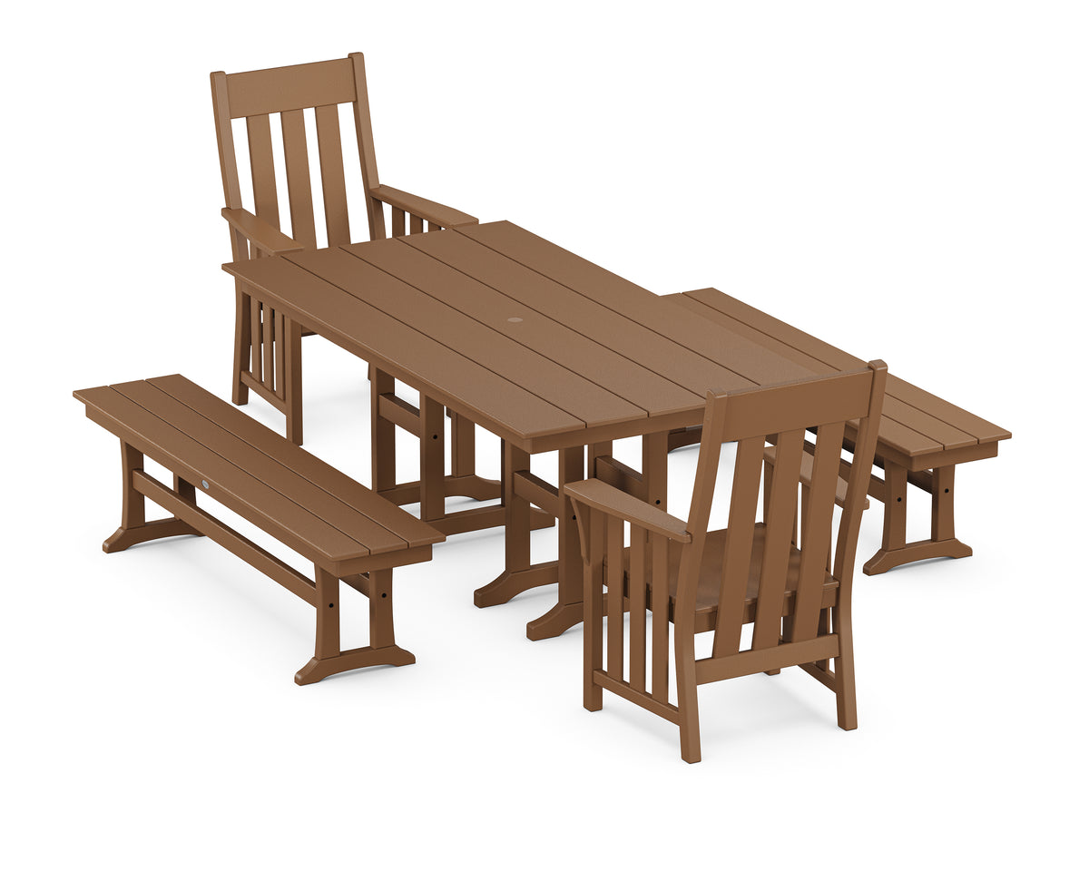 POLYWOOD Acadia 5-Piece Farmhouse Dining Set with Benches in Teak