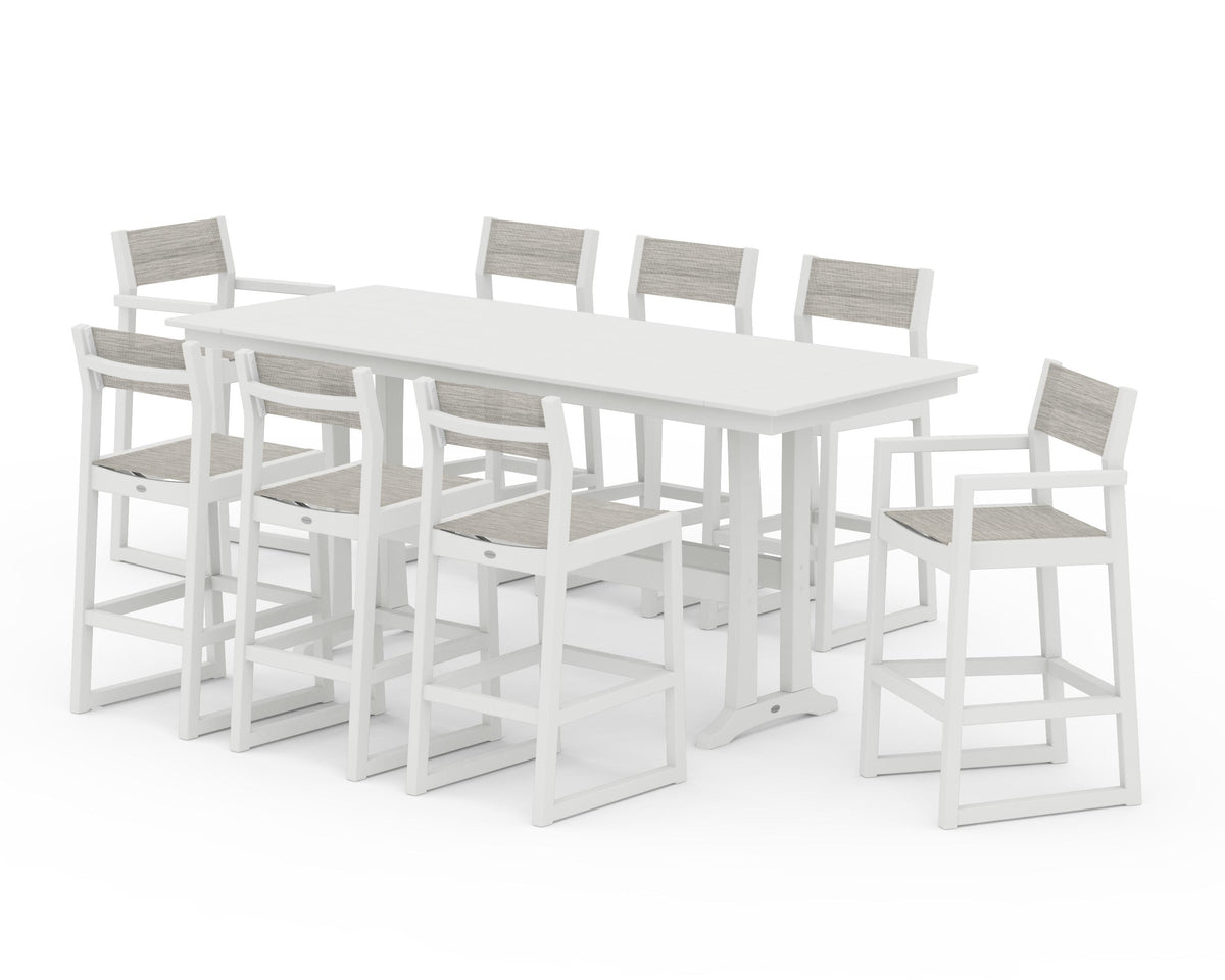 POLYWOOD EDGE Sling 9-Piece Farmhouse Bar Set with Trestle Legs in Vintage White / Birch