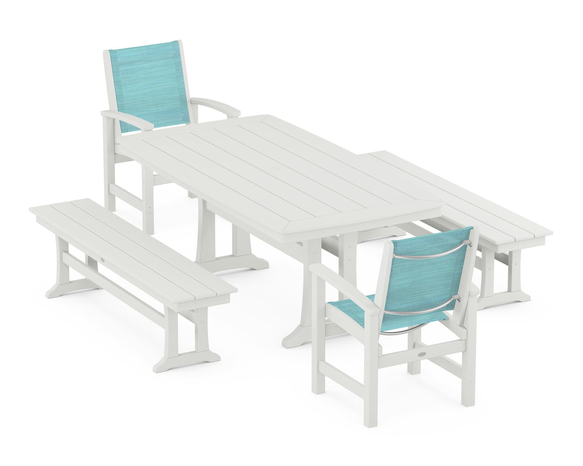 POLYWOOD Coastal 5-Piece Dining Set with Trestle Legs and Benches in Vintage White / Dupioni Aquamarine