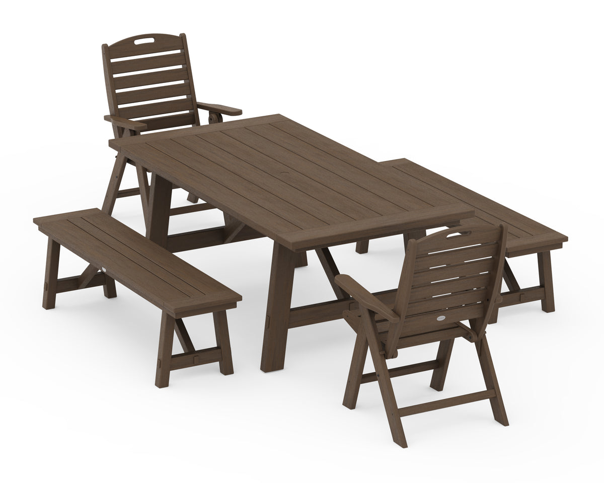 POLYWOOD Nautical Folding Highback Chair 5-Piece Rustic Farmhouse Dining Set with Benches in Kona