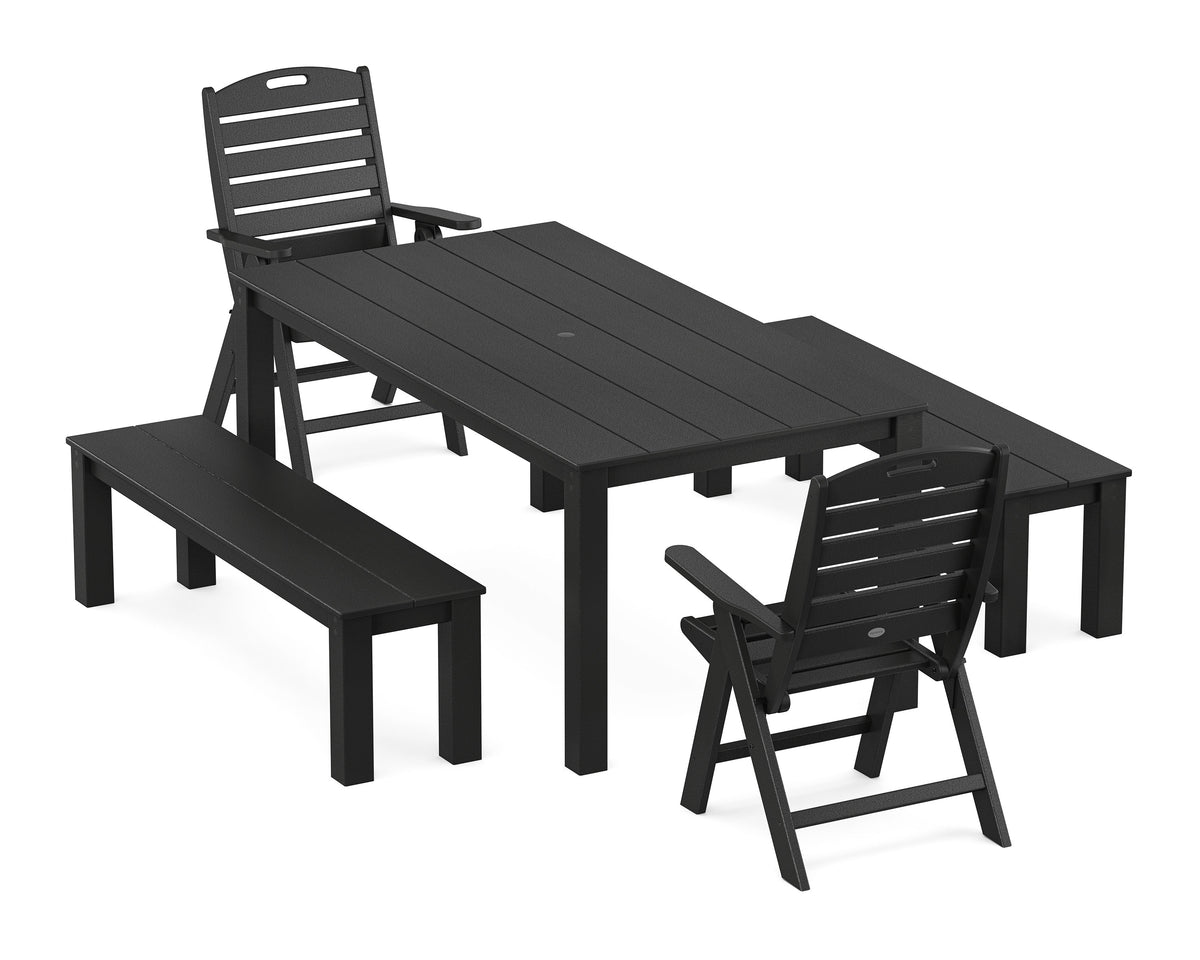 POLYWOOD Nautical Folding Highback Chair 5-Piece Parsons Dining Set with Benches in Black