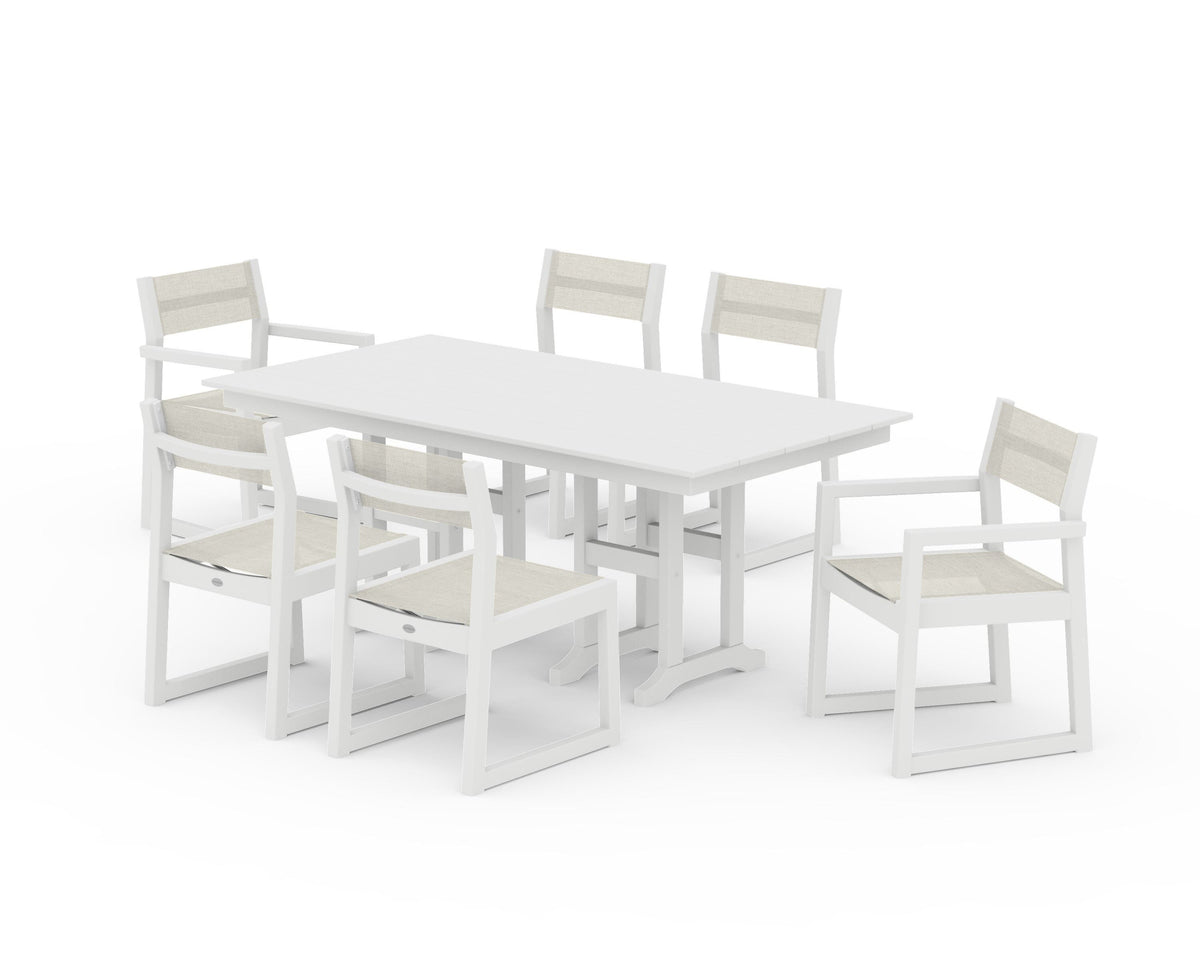 POLYWOOD EDGE Sling 7-Piece Farmhouse Dining Set in White / Parchment