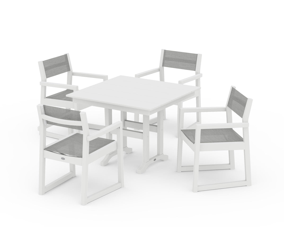 POLYWOOD EDGE Sling Arm Chair 5-Piece Farmhouse Dining Set in White / Metallic