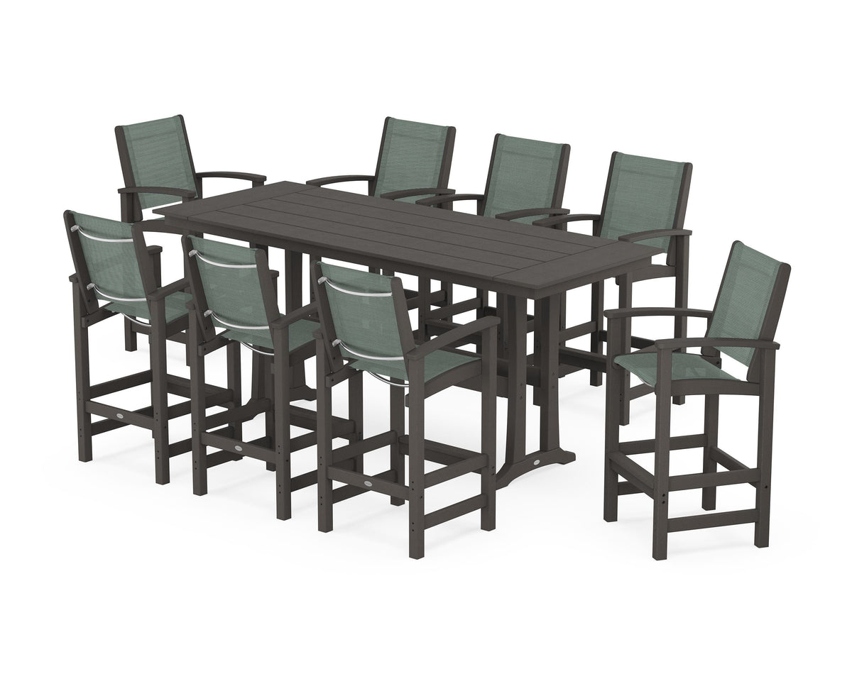 POLYWOOD Coastal 9-Piece Farmhouse Bar Set with Trestle Legs in Vintage Coffee / Dupioni Sea Mist