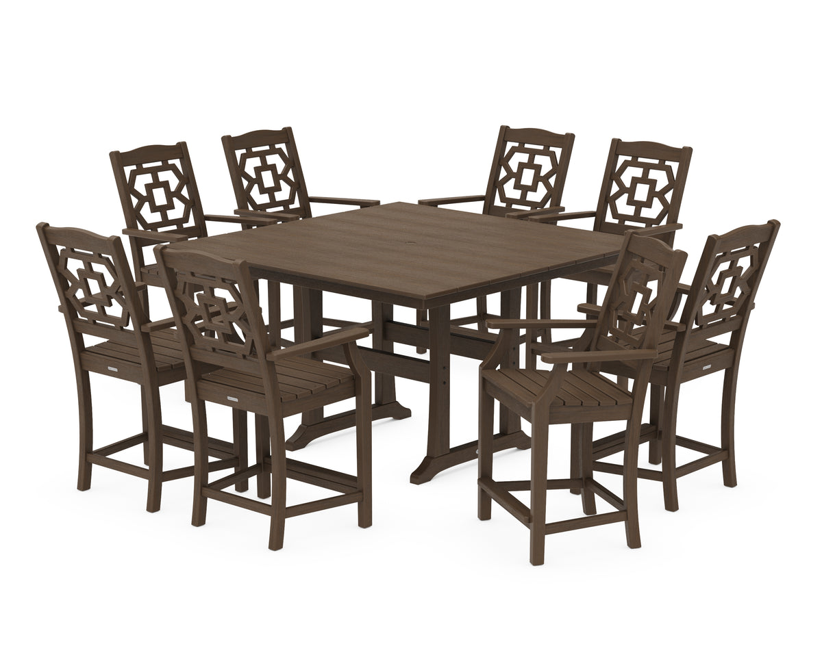 POLYWOOD Chinoiserie 9-Piece Square Farmhouse Counter Set with Trestle Legs in Kona