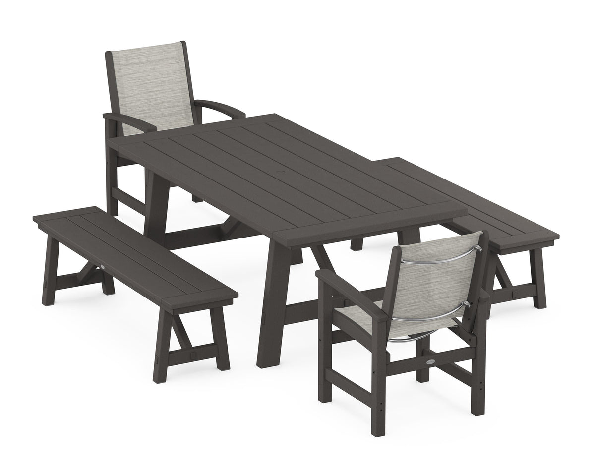 POLYWOOD Coastal 5-Piece Rustic Farmhouse Dining Set With Benches in Vintage Coffee / Birch