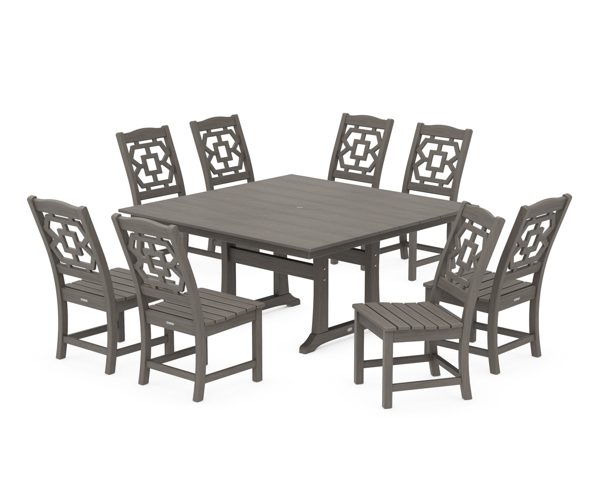 POLYWOOD Chinoiserie 9-Piece Square Farmhouse Side Chair Dining Set with Trestle Legs in Driftwood