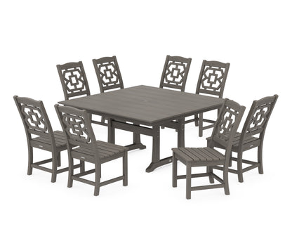 POLYWOOD Chinoiserie 9-Piece Square Farmhouse Side Chair Dining Set with Trestle Legs in Driftwood