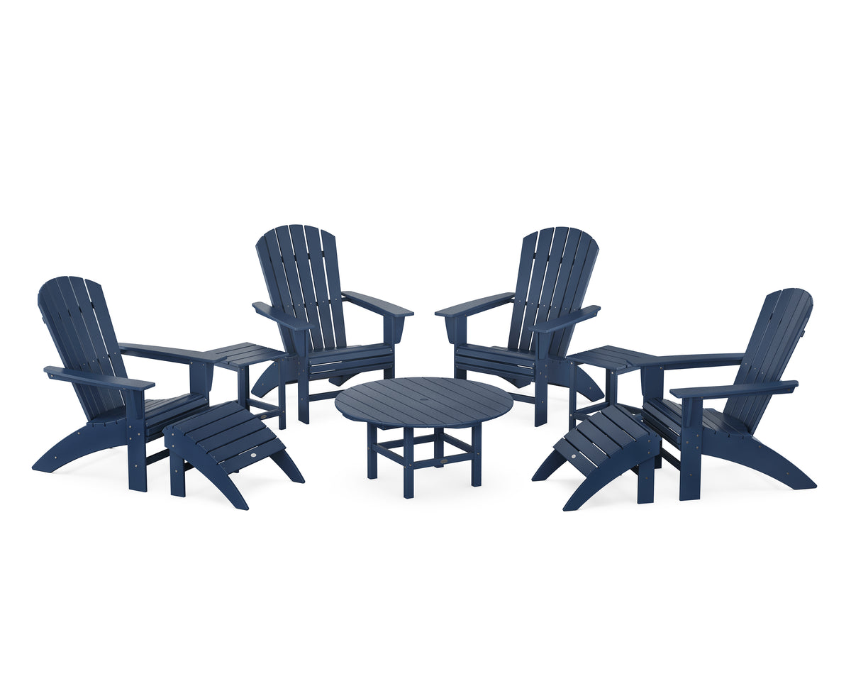 POLYWOOD Nautical Curveback Adirondack Chair 9-Piece Conversation Set in Navy