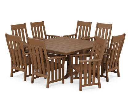 POLYWOOD Acadia 9-Piece Square Farmhouse Dining Set with Trestle Legs in Teak