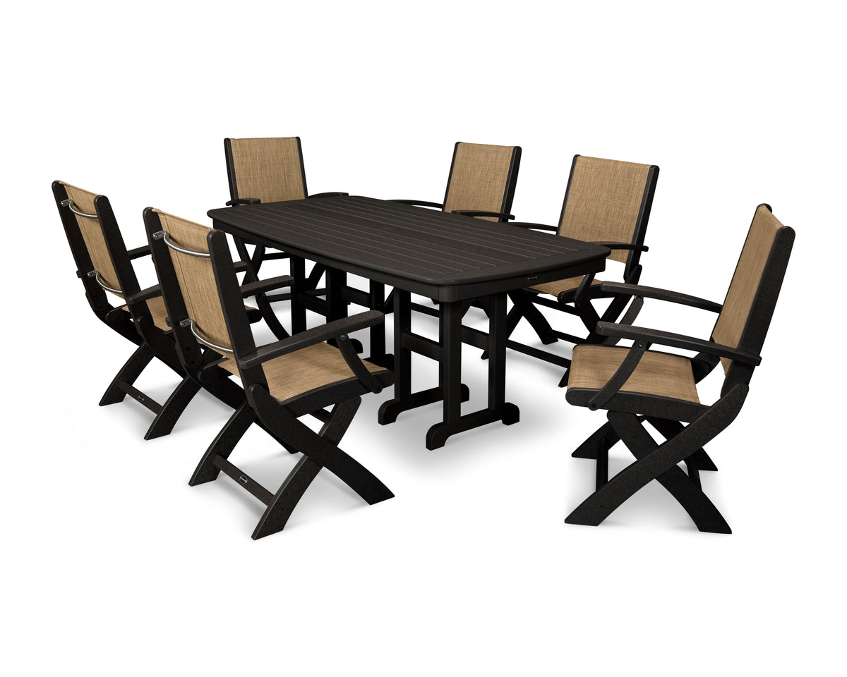 POLYWOOD Coastal Folding Arm Chair 7-Piece Dining Set in Black / Burlap
